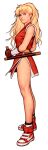  1girl absurdres bare_shoulders blonde_hair capcom capcom_vs_snk_2 dougi final_fight fingerless_gloves game_cg genryuusai_maki gloves highres holding holding_weapon long_hair looking_to_the_side mma_gloves motoyui nike_(company) ninja non-web_source official_art parted_lips pelvic_curtain ponytail simple_background solo teeth tonfa wavy_hair weapon wrist_wrap 