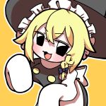  1girl black_eyes black_hat black_vest blonde_hair blush bow braid buttons commentary_request cookie_(touhou) frilled_hat frills grey_bow hair_bow hat highres kirisame_marisa looking_at_viewer melanin_shikiso open_mouth shirt short_hair side_braid simple_background single_braid sleeves_past_fingers sleeves_past_wrists smile solo touhou upper_body vest white_shirt witch_hat yellow_background yuuhi_(cookie) 