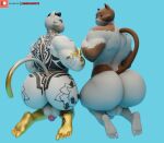 3d_(artwork) 5_toes anthro back_tattoo backsack balls big_butt black_hair blue_background brown_body brown_fur butt butt_tattoo calico_cat camseven cheek_tuft digital_media_(artwork) domestic_cat duo epic_games facial_tuft feet felid feline felis fortnite fur fur_tuft genitals gold_body hair hi_res humanoid_feet kneeling male mammal meowdas meowscles multicolored_body multicolored_fur muscular muscular_anthro muscular_male neck_tattoo nude_anthro nude_male patreon patreon_logo penis plantigrade raised_tail simple_background smile tail tattoo toes tuft white_body white_fur