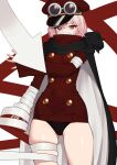  1girl absurdres bandages bandages_over_mouth black_cape black_panties bow cape dress goggles goggles_on_headwear gunko hat heterochromia highres looking_at_viewer mask mouth_mask one_piece panties red_dress sgmh0519 short_hair simple_background sleeves_past_fingers sleeves_past_wrists solo underwear white_background 