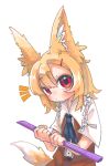  1girl animal_ears ascot black_ascot blonde_hair blush brown_skirt brown_vest closed_mouth collared_shirt commentary_request cookie_(touhou) cowboy_shot double-parted_bangs expressionless fox_ears fox_girl fox_tail hair_ornament hairclip holding holding_stick looking_at_viewer medium_hair melanin_shikiso miramikaru_riran notice_lines red_eyes shirt short_sleeves simple_background skirt solo stick tail vest white_background white_shirt 