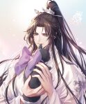  1boy absurdres animal animalization baby_animal birthday blue_eyes bow brown_hair character_name chinese_clothes chu_wanning closed_mouth dog english_commentary erha_he_tadebai_mao_shizun half_updo hanfu high_ponytail highres holding holding_animal holding_dog husky long_hair long_sleeves looking_at_animal male_focus mo_ran ponytail puppy purple_bow smile solo tassel upper_body white_hanfu wide_sleeves xiao_guan_(headdress) zehel_az 