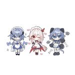  3girls animal_ears apron black_dress black_shoes blue_dress blue_eyes blue_hairband blush cartoon_bone chibi closed_mouth commentary_request dog_ears dog_girl dog_tail dress frilled_hairband frills fu_hua fu_hua_(phoenix) grey_hair hair_between_eyes hair_intakes hairband heart highres honkai_(series) honkai_impact_3rd kemonomimi_mode long_sleeves maid_headdress multiple_girls one_eye_closed parted_lips puffy_short_sleeves puffy_sleeves red_eyes shirt shoes short_sleeves simple_background socks standing tail waist_apron wavy_mouth white_apron white_background white_shirt white_socks xtx_mercury 