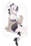  1girl back black_bow black_choker black_dress black_hair black_horns black_shoes blue_archive bow brown_jacket choker commentary_request demon_horns dress earpiece grey_hair hair_bow halo high_heels highres horns jacket kayoko_(blue_archive) kayoko_(dress)_(blue_archive) komaki_(komaki0769) long_sleeves looking_at_viewer looking_back mole mole_on_neck multicolored_hair off_shoulder official_alternate_costume official_alternate_hairstyle panties pantyshot parted_lips red_eyes shoes solo thighs two-tone_hair underwear white_background white_panties 