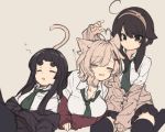  3girls ahoge animal_ears antenna_hair bangs between_legs black_cardigan black_legwear blush breasts brown_cardigan brown_hair brown_hairband brown_skirt cardigan cat_ears cat_girl cat_tail closed_eyes closed_mouth collar collared_shirt drooling eyebrows_visible_through_hair green_neckwear hair_between_eyes hair_flaps hairband hand_between_legs kuranami_shiki large_breasts light_brown_hair long_hair long_sleeves lying multiple_girls natsuki_teru necktie nekomiya_ryuu on_back open_cardigan open_clothes original pantyhose parted_lips pleated_skirt red_cardigan school_uniform shikibe_ayaka shirt short_eyebrows sidelocks skirt sleeping sleeves_past_wrists smile sweat tail tail_raised thick_eyebrows thighhighs white_shirt 