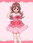  1girl :d bare_arms bare_legs blush brown_hair choker collarbone dress hair_between_eyes hairband hakuchuu highres kimi_to_idol_precure long_hair pink_background pink_dress pink_hairband precure red_eyes sakura_uta_(precure) short_dress sketch smile solo standing strapless strapless_dress white_choker 