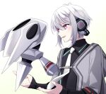  1boy 1other ahoge double-parted_bangs eiyuu_densetsu fio_(eiyuu_densetsu) gradient_background hair_between_eyes kuro_no_kiseki_(series) long_sleeves mulberry804 necktie open_mouth quatre_salision red_eyes robot short_hair sidelocks simple_background smile white_background white_hair white_necktie 