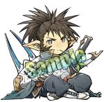  1boy brown_hair cape closed_mouth commentary_request fake_horns granblue_fantasy green_cape hat horned_headwear horns iha_tobu indian_style looking_at_viewer lowres male_focus mouth_hold pointy_ears ponytail sample_watermark sevilbarra sheath sheathed sideburns sitting stalk_in_mouth sword unworn_hat unworn_headwear watermark weapon 