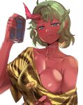  1girl :q bare_shoulders blue_eyes bow_(bhp) breasts can cleavage closed_mouth collarbone colored_skin food green_hair highres holding holding_can horns large_breasts looking_at_viewer meat oni original red_horns red_pupils red_skin scar scar_on_neck short_hair single_horn single_off_shoulder solo tongue tongue_out upper_body 