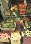  banana bottle box cardboard_box cucumber door food fruiitlins fruit gourd market_stall melon no_humans original outdoors pear scenery stack sunlight tile_wall tiles watermelon 