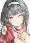  1girl absurdres astra_yao black_hair blunt_bangs blush closed_mouth collarbone cowboy_shot dress ear_piercing earrings hairband highres jewelry mizuasagi35181 mole mole_under_eye necklace one_eye_closed pearl_necklace piercing red_dress red_eyes solo white_background white_hairband zenless_zone_zero 