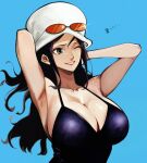  1girl absurdres arms_behind_head black_hair blue_background blue_eyes breasts cleavage commentary_request dress eyewear_on_head glint hat highres large_breasts long_hair looking_ahead nadainishi nico_robin one_eye_closed one_piece orange-tinted_eyewear simple_background smile solo tinted_eyewear white_hat 