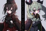  2girls anchovy_(girls_und_panzer) anzio_military_uniform arms_under_breasts belt black_bow black_coat black_jacket black_necktie black_ribbon bow breasts brown_eyes brown_hair coat cross crossed_arms drill_hair epaulettes garrison_cap girls_und_panzer gloves green_hair grey_background grey_jacket hair_bow hair_ribbon hat iron_cross jacket kuromorimine_military_uniform large_breasts long_hair looking_at_viewer military military_hat military_jacket military_uniform miniskirt multiple_girls natsusa_(nts_summer) necktie nishizumi_maho open_mouth pleated_skirt red_eyes red_shirt red_skirt ribbon sam_browne_belt shirt short_hair simple_background skirt solo twin_drills twitter_username white_gloves 