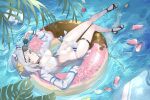  1girl afloat animal_ears arm_rest armor ball beachball bikini black_choker breasts can choker ear_covers from_above full_body green_eyes highres hishi_miracle_(umamusume) holding holding_removed_eyewear horse_ears horse_girl horse_tail innertube long_sleeves long_tail looking_at_viewer lying medium_breasts medium_hair navel on_back on_innertube open_clothes open_shirt pale_skin sandals sasa_fune shirt side-tie_bikini_bottom solo stomach sunglasses swim_ring swimsuit tail thigh_strap umamusume unworn_eyewear water white_shirt 