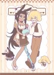  1boy 1girl alien_stage alternate_costume animalization apron black_shoes black_vest blonde_hair blush_stickers bowl brown_apron brown_hair brown_pants chef_hat coldmeow collared_shirt commentary dark-skinned_female dark_skin dress eating english_text floppy_ears full_body glasses grey_eyes hat highres holding holding_bowl holding_whisk hyuna_(alien_stage) licking long_hair luka_(alien_stage) object_in_pocket pants pen pen_in_pocket person_and_animalization pocket prosthesis prosthetic_leg puffy_short_sleeves puffy_sleeves rabbit rabbit_boy rabbit_girl shirt shoes short_hair short_sleeves single_blush_sticker striped_clothes striped_dress symbol-only_commentary vertical-striped_clothes vertical-striped_dress very_long_hair very_short_hair vest whisk white_shirt white_shoes yellow_eyes 