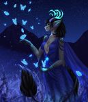  absurd_res anthro arthropod breasts butt butterfly clothing cold costume digital_media_(artwork) dress female field flower glowing grass hi_res horn insect lepidopteran light magic mountain narikusha neon night plant rock star 