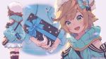  1girl artist_request bag bandages black_bow blue_bow blush bow brown_hair commentary company_name copyright_name dragalia_lost gift green_eyes hair_bow hat heart-shaped_bag melody_(dragalia_lost) multiple_views official_art open_mouth short_hair skirt smile solo striped striped_sweater sweatdrop sweater valentine white_skirt 