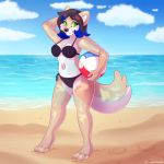  1:1 animate_inanimate ball beach beach_ball bikini canid canine canis clothing cloud female hi_res inflatable living_inflatable mammal pool_toy seaside sky solo strawberryneko swimwear wolf 