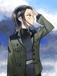  1girl black_hair blue_eyes blue_sky cloud cloudy_sky comoli_harcourt day gundam gundam_gquuuuuux jacket long_sleeves looking_to_the_side military_jacket military_uniform mole mole_under_eye multicolored_eyes outdoors profile sky solo takada_hiro two-tone_eyes upper_body yellow_eyes 