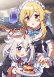  2girls alternate_costume apron black_dress blonde_hair blue_bow blue_bowtie blue_eyes blush bow bowtie cake commentary_request cowboy_shot crumbs detached_collar dress drink enmaided feather_hair_ornament feathers food frilled_apron frills genshin_impact glass grey_hair hair_ornament halo highres holding holding_drink holding_plate indoors long_sleeves looking_at_viewer lumine_(genshin_impact) maid maid_headdress multiple_girls open_mouth paimon_(genshin_impact) plate ponpoko red_bow red_bowtie short_hair short_hair_with_long_locks short_sleeves smile upper_body waist_apron white_apron white_wrist_cuffs wrist_cuffs yellow_eyes 