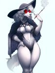 3:4 anthro black_clothing black_hat black_headwear black_nose chumbasket cigarette clothed clothing female female_anthro front_view fur hair hat headgear headwear hellaverse helluva_boss hi_res holding_cigarette holding_object loona_(helluva_boss) navel obscured_eyes portrait simple_background solo standing three-quarter_portrait white_background white_body white_fur white_hair