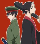  2boys anime_coloring back-to-back black_eyes black_hair black_kimono breast_pocket closed_mouth club_(weapon) coat collared_coat crossover demon_horns expressionless forehead furrowed_brow gokuto_jihen green_coat green_hat grey_eyes hat height_difference high_collar holding holding_club holding_weapon hoozuki_(hoozuki_no_reitetsu) hoozuki_no_reitetsu horns japanese_clothes katana kimono kirishima_(gokuto_jihen) kurimilove light_frown long_sleeves male_focus military_hat military_uniform multiple_boys outline over_shoulder peaked_cap pocket pointy_ears pointy_nose red_background sheath sheathed short_hair simple_background single_horn spiked_club sword thick_eyebrows translation_request undershirt upper_body weapon weapon_over_shoulder white_horns white_outline 