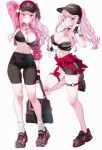  1girl absurdres armlet bag baseball_cap black_bra black_choker black_gloves black_hat black_nails black_shoes black_shorts blush bottle bra breasts choker cleavage clothes_around_waist collarbone cropped_jacket english_commentary fingerless_gloves fingernails full_body gloves hat headphones high_ponytail highres holding holding_bag holding_bottle hololive hololive_english jacket jewelry kamiya_maneki knees large_breasts long_hair long_sleeves looking_at_viewer mixed-language_commentary mori_calliope multicolored_nails multicolored_shoes nail_polish navel necklace o-ring o-ring_thigh_strap open_clothes open_jacket open_mouth pink_eyes pink_hair pink_jacket pink_shirt pink_shoes ponytail red_nails shirt shirt_around_waist shoes shorts shoulder_bag signature simple_background skull_necklace smile socks solo_focus standing stomach thigh_strap thighs towel towel_around_neck twitter_username two-tone_nails two-tone_shoes underwear virtual_youtuber watch white_background white_socks wristwatch 