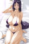  1girl absurdres bare_shoulders bed bed_sheet bikini blush breasts cleavage fate/grand_order fate_(series) highres huge_breasts indoors jewelry long_hair looking_at_viewer midriff minamoto_no_raikou_(fate) navel necklace nuo_(fttv3255) on_bed parted_bangs plant purple_bikini purple_eyes purple_hair seiza short_eyebrows sitting skindentation smile solo swimsuit thick_eyebrows thick_thighs thighs tile_floor tiles very_long_hair 