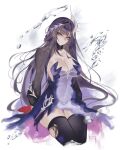  1girl black_hair black_thighhighs blue_dress breasts cleavage commentary dress hair_ornament highres honkai:_star_rail honkai_(series) hysilens_(honkai:_star_rail) large_breasts long_hair looking_at_viewer purple_eyes s7nsles see-through_clothes see-through_dress seiza shrug_(clothing) simple_background sitting solo thighhighs thighs torn_clothes torn_thighhighs very_long_hair white_background 