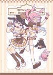  2girls absurdres alien_stage alternate_costume animal_ears animalization apron black_hair black_shoes black_socks blue_hair blush_stickers bow brown_apron brown_dress brown_wrist_cuffs chinese_commentary closed_mouth coldmeow commentary cup dress english_text food footwear_bow full_body glasses green_eyes hair_ornament hairclip heart high_ponytail highres holding holding_paper holding_pen maid_headdress mizi_(alien_stage) muffin mug multicolored_hair multiple_girls object_in_pocket open_mouth paper pen pen_in_pocket person_and_animalization pink_hair pocket ponytail puffy_short_sleeves puffy_sleeves purple_eyes rabbit rabbit_ears rabbit_girl shoes short_sleeves short_twintails single_blush_sticker smile socks star_(symbol) star_hair_ornament striped_clothes striped_dress sua_(alien_stage) thighhighs twintails two-tone_dress two-tone_hair vertical-striped_clothes vertical-striped_dress white_apron white_bow white_shoes white_thighhighs wrist_cuffs yellow_dress 