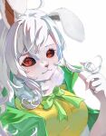  1girl :3 animal_ears bow bowtie carrot_(one_piece) commentary furry furry_female green_bow green_bowtie hair_between_eyes highres long_hair looking_at_viewer one_piece rabbit_ears red_eyes sidelocks simple_background solo sulong_form u_mi031 white_background white_hair 