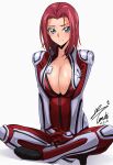  1girl absurdres blue_eyes bodysuit breasts cleavage code_geass commentary_request dated full_body highres indian_style kouzuki_kallen large_breasts lips looking_at_viewer mecha_pilot_suit open_bodysuit open_clothes red_bodysuit red_hair short_hair signature simple_background sitting skin_tight solo wet white_background yoo_tenchi 