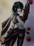  1girl ass assassin_(ragnarok_online) bandages_over_clothes black_cape black_pants black_shirt blood blood_splatter cape closed_mouth commentary_request cowboy_shot dagger dual_wielding earrings from_behind green_eyes green_hair holding holding_dagger holding_knife holding_weapon hoop_earrings jamadhar jewelry knife looking_at_viewer looking_to_the_side medium_hair pants ragnarok_online shirt short_sleeves simpatiaein solo waist_cape weapon 