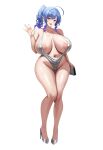  1girl absurdres ahoge areola_slip azur_lane bag bare_shoulders blue_hair blush breasts cleavage covered_nipples dress earrings full_body handbag high_heels highres huge_breasts jasony jewelry large_areolae long_hair looking_at_viewer navel open_mouth plunging_neckline purple_eyes revealing_clothes short_dress side_ponytail sidelocks silver_dress smile solo st._louis_(azur_lane) st._louis_(luxurious_wheels)_(azur_lane) 