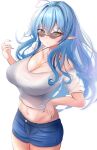  1girl absurdres ahoge blue_hair blue_shorts breasts cleavage cowboy_shot cropped_shirt denim denim_shorts elf grey_background heart heart_ahoge highres hololive large_breasts long_hair pointy_ears shirt short_shorts shorts simple_background solo sunglasses virtual_youtuber waniwani_(wasabiwaniwani) white_shirt yukihana_lamy 