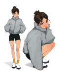  1girl black_shorts blush brown_eyes brown_hair full_body grey_hoodie hair_bun hand_on_own_chin hands_in_pockets highres hood hood_down hoodie looking_at_viewer loose_hair_strand multiple_views original sam_yang shadow shorts simple_background socks sparkling_eyes squatting white_background yellow_socks 