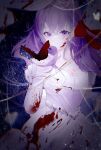  1girl blood blood_on_clothes bug butterfly commentary_request dark dress fate/stay_night fate_(series) hair_ribbon heaven&#039;s_feel long_hair matou_sakura purple_eyes purple_hair red_butterfly red_ribbon ribbon solo thread user_cekp8748 white_dress 