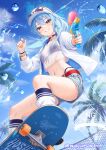  1girl absurdres alternate_costume baseball_cap bikini bikini_under_clothes bikini_under_shorts black_bikini blue_eyes blue_hair blue_shorts blue_sky bracelet chain-link_fence cloud commentary crop_top cropped_shirt day denim denim_shorts double-parted_bangs fence grin hair_between_eyes hat highleg highleg_bikini highres holding holding_water_gun hololive hoshimachi_suisei jacket jewelry leg_warmers long_hair looking_at_viewer midriff navel open_clothes open_jacket outdoors palm_tree ponytail see-through_clothes see-through_shirt shirt short_shorts shorts skateboard skateboarding sky smile solo star_(symbol) star_in_eye sunglasses swimsuit symbol_in_eye tree virtual_youtuber wajuniorbox water_gun white_hat white_jacket white_leg_warmers white_shirt 