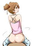  1boy 1girl ass blush brown_hair cowgirl_position fresh_precure! implied_sex looking_at_viewer looking_back momozono_love pink_eyes precure reverse_cowgirl_position sex short_twintails straddling tank_top thighhighs twintails yonekura_hisaki 