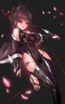  1girl black_bodysuit bodysuit breasts brown_hair clothing_cutout covered_navel detached_sleeves english_commentary falling_petals goddess_of_victory:_nikke hair_ornament hair_stick highres holding holding_kunai holding_weapon korean_commentary kunai long_hair looking_at_viewer medium_breasts mixed-language_commentary official_alternate_costume parted_lips petals pink_petals red_eyes rose_petals sakura_(midnight_stealth)_(nikke) sakura_(nikke) sandals shoulder_cutout smile solo standing standing_on_one_leg string toriseru_(rare_stone) weapon 
