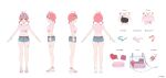  1girl a-pose ahoge bag belt blue-framed_eyewear bracelet breasts clothes_writing clothing_cutout commentary_request company_name copyright_notice crop_top cropped_shirt denim denim_shorts eyewear_on_head flower full_body glasses green_eyes hair_flower hair_ornament highres hololive holonatsu_paradise jewelry looking_at_viewer low_twintails midriff multiple_views nail_polish navel navel_cutout noir_eku official_alternate_costume official_art pendant_choker pink_hair pink_shirt platform_sandals reference_sheet sakura_miko sakura_miko_(holonatsu_paradise) sandals second-party_source shirt short_shorts shorts shoulder_bag solo thigh_belt thigh_strap tied_shirt toenail_polish toenails translation_request turnaround twintails virtual_youtuber 