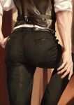  1boy 3aem ass ass_focus belt black_belt black_pants commentary fingernails hand_on_own_hip highres lower_body male_focus original pants photo-referenced pocket shirt sleeves_rolled_up solo veins veiny_arms white_shirt 