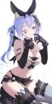  1girl absurdres bare_shoulders black_gloves blue_eyes blue_hair blush breasts cleavage crossed_bangs elbow_gloves gloves highres idolmaster idolmaster_shiny_colors large_breasts long_hair looking_at_viewer navel smile solo sukaliya suzuki_hana thighhighs thighs twintails 