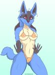 absurd_res anthro bikini blue_body breasts clothing ears_up electronics female generation_4_pokemon headphones hi_res listening_to_music looking_at_viewer lucario nintendo pokemon pokemon_(species) red_eyes sayonarada simple_background smile solo swimwear two-piece_swimsuit yellow_body