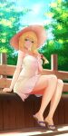  1girl armpit_crease bare_legs bare_shoulders blonde_hair blue_eyes blue_sky blurry blurry_background blush braid breasts cleavage collarbone double-parted_bangs dress feet flip-flops full_body girls&#039;_frontline girls&#039;_frontline_2:_exilium hair_between_eyes hand_up hat highres legs lens_flare long_hair looking_at_viewer low-tied_long_hair medium_breasts mosin-nagant_(girls&#039;_frontline) mosin-nagant_(girls&#039;_frontline_2) outdoors samsam_s2s sandals sidelocks sitting sky sleeveless sleeveless_dress smile solo straw_hat sun_hat sundress toenails toes white_dress 