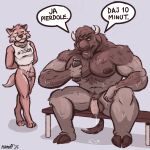 2025 anthro asking_to_wait balls bench bison bodily_fluids bottle bottomless bovid bovine brown_body brown_fur canid canine clothed clothing container dialogue dripping duo english_description erection european_bison flaccid foreskin fox fur genital_fluids genitals hi_res hooves horn imminent_sex male male/male mammal manly mikolaj_(nanoff) mostly_nude_anthro mostly_nude_male muscular muscular_anthro muscular_male nanoff navel nipples nude_anthro nude_male number_on_clothing on_bench open_mouth penis pink_body pink_fur polish_text precum precum_drip shirt shirt_only simple_background sitting sitting_on_bench smile smug speech_bubble spread_legs spreading sweat tail tank_top tank_top_only text topwear topwear_only water_bottle white_clothing white_shirt white_tank_top white_topwear
