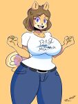 2018 anthro belt belt_buckle big_breasts biped blue_bottomwear blue_clothing blue_eyes blue_pants bottomwear breasts brown_hair buckle canid canine canis cleavage clothed clothing collarbone digital_drawing_(artwork) digital_media_(artwork) domestic_dog english_description english_text eyebrow_through_hair eyebrows eyelashes eyelashes_through_hair female fur hair hi_res june_(jinu) lonercroissant looking_at_viewer mammal open_mouth open_smile pants portrait shiba_inu shirt signature simple_background smile solo spitz t-shirt tail tan_background tan_body tan_fur teeth text text_on_clothing text_on_topwear three-quarter_portrait tooth_gap topwear translucent translucent_hair white_clothing white_shirt white_t-shirt white_topwear