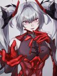  1girl black_bodysuit bodysuit cross-shaped_pupils elbow_gloves gloves grey_hair hair_between_eyes hair_intakes headgear highres long_hair luna:_oblivion_(pgr) luna_(pgr) parted_lips punishing:_gray_raven red_bodysuit red_eyes sidelocks signature symbol-shaped_pupils takamatu_hajime twintails very_long_hair white_hair 