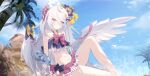  1girl absurdres ahoge azusa_(blue_archive) azusa_(swimsuit)_(blue_archive) bare_shoulders bead_necklace beads bikini black_bikini blue_archive blush bow closed_mouth commentary crossed_bangs doodle_sensei_(blue_archive) english_commentary feathered_wings flower hair_between_eyes hair_bow hair_flower hair_ornament hayate_(1034853996) highres jewelry long_hair looking_at_viewer navel necklace official_alternate_costume outdoors pink_bikini pink_bow polka_dot polka_dot_bow purple_eyes purple_flower revision sensei_(blue_archive) solo stomach swimsuit white_hair wings 