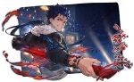  1boy bead_bracelet beads blue_hair bracelet building commentary cu_chulainn_(fate) cu_chulainn_(fate/stay_night) cu_chulainn_(honkai:_star_rail)_(fate) daijanaikedo earrings fate/stay_night fate_(series) gae_bolg_(fate) grin hair_tubes holding holding_behind_back holding_polearm holding_weapon holding_weapon_behind_back honkai:_star_rail honkai_(series) jewelry looking_at_viewer looking_back male_focus night polearm ponytail ratingg:g red_eyes smile solo teeth translation_request twitter_username upper_body weapon white_fur 